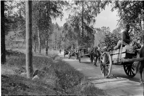 Satakuntalainen jv-osasto marssilla etulinjaan. Liikkuminen 30 asteen kuumuudessa on hikistä hommaa, vaikka pakkaukset kuljetetaankin ajoneuvoissa. Simpele 1941.07.13