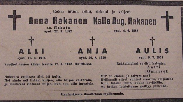 Hakasen perheen kuolinilmoitus Lauttakylä-lehdessä. 